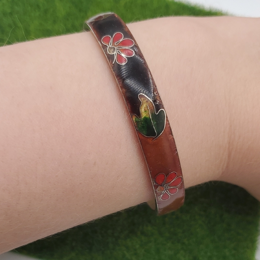 Fall Harvest Clossione Floral Enamel Bangle Bracelet Sterling Interior B3006